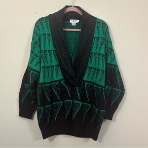 VTG FaBE V Neck Sweater 80s 90s Christmas Green Black Geometric Shapes L Cl